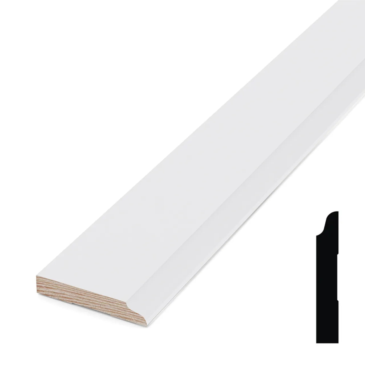 The Go Build 9/16 in. x 3-1/2 in. x 192 in. Primed Pine Finger Jointed Baseboard features a white, flat design with a simple beveled edge, shown at an angle with an inset highlighting its side profile.